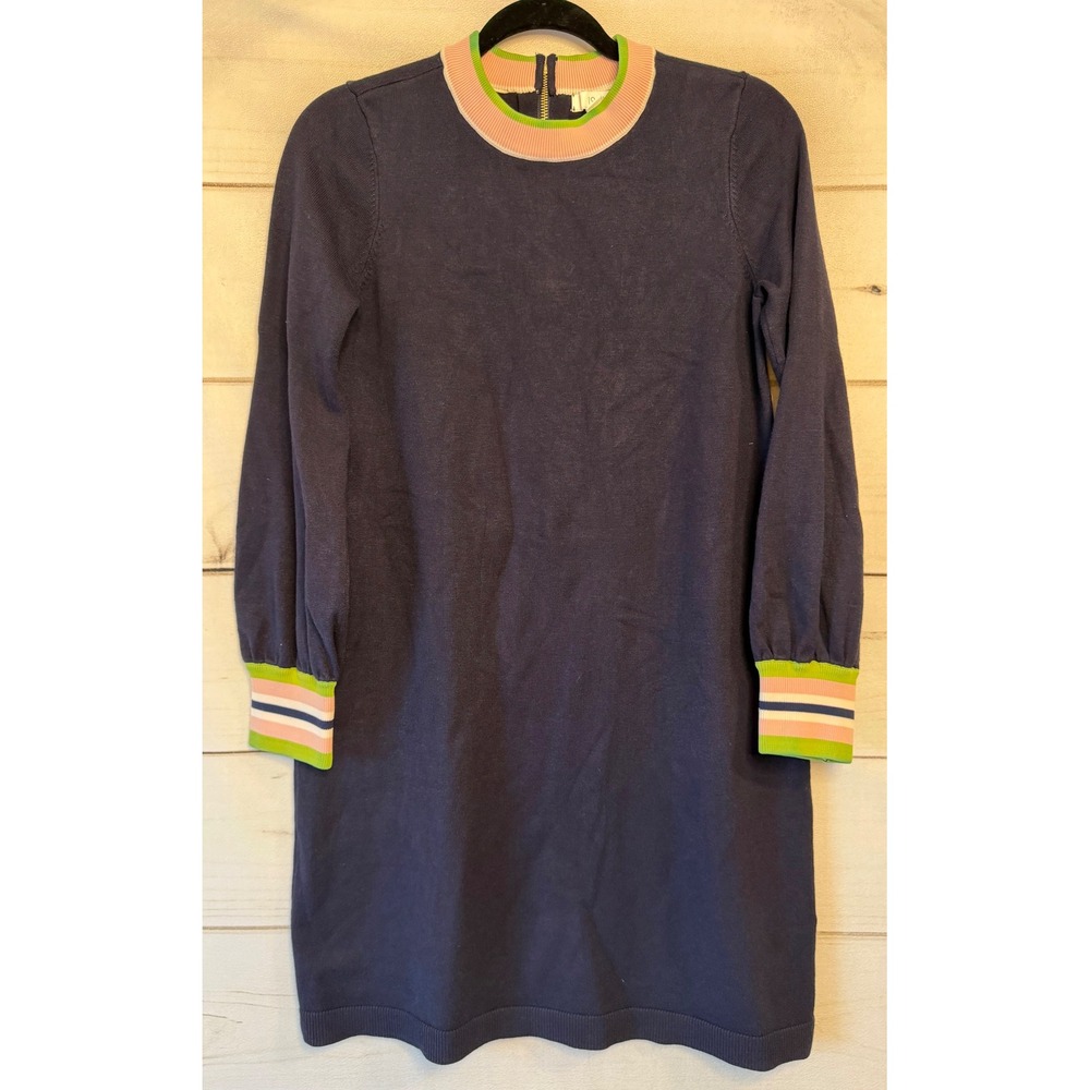 1901 Nordstrom Navy Blue Knit Sweater Dress Striped Trim Zip Back Medium
